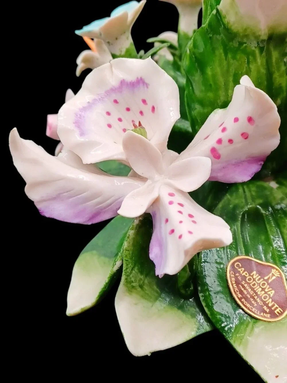 Vintage Capodimonte Orchid Bouquet Porcelain Taper Candle Holder Figurine